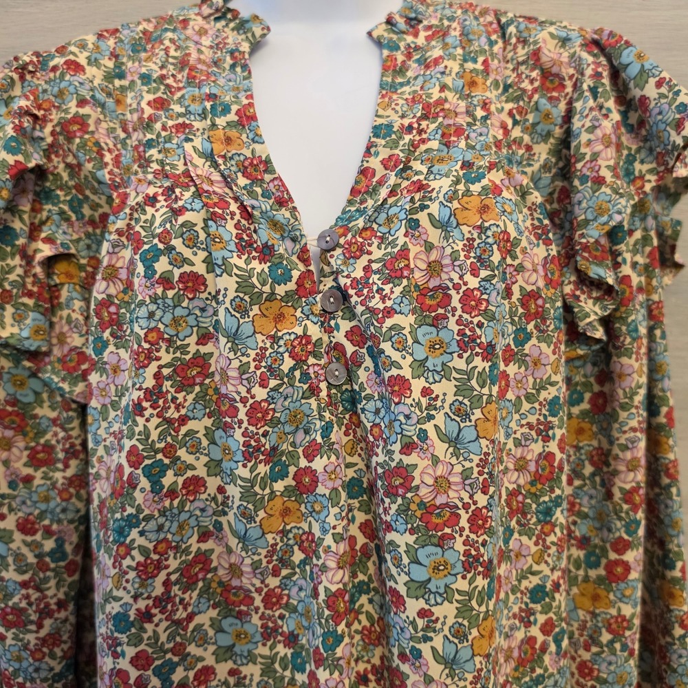 Entro Multicolor Floral Print Vneck Balloon Sleeve Blouse Size Medium GC - Picture 4 of 7